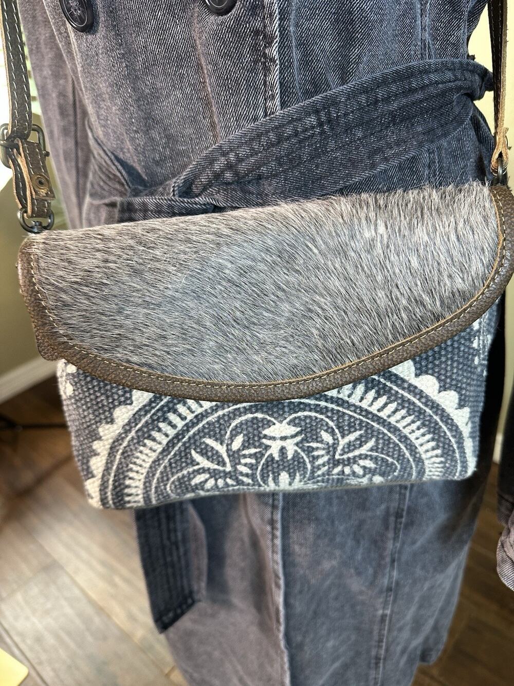 Myra bag crossbody Hair Leather Western boho khaki canvas weave upcycled perfect